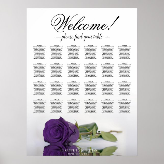 24 Table Royal Purple Rose Wedding Seating Chart (Front)