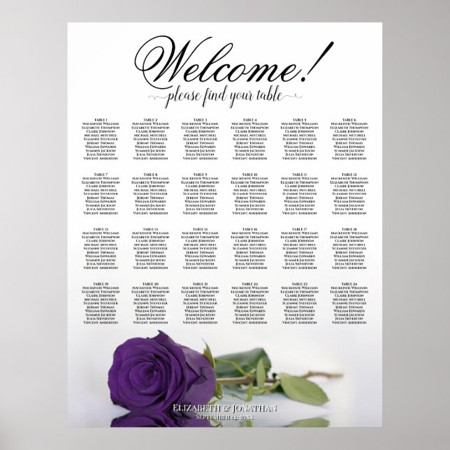 24 Table Royal Purple Rose Wedding Seating Chart (Front)