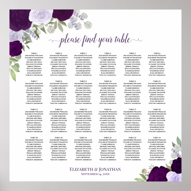 24 Table Rustic Purple Roses Wedding Seating Chart (Front)