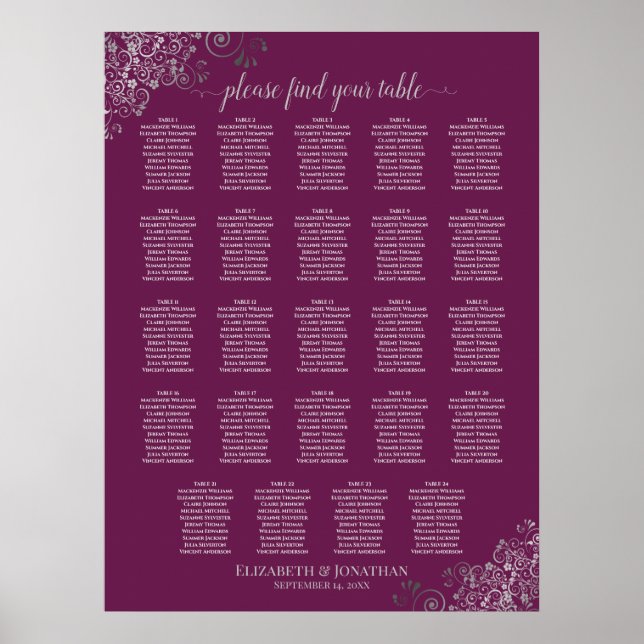 24 Table Silver & Cassis Wedding Seating Chart (Front)