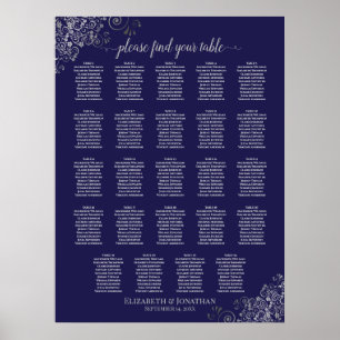 24 Table Silver & Navy Blue Wedding Seating Chart