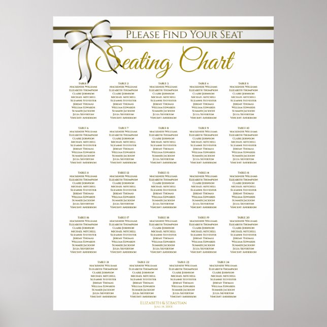 24 Table White & Gold Ribbon Wedding Seating Chart (Front)