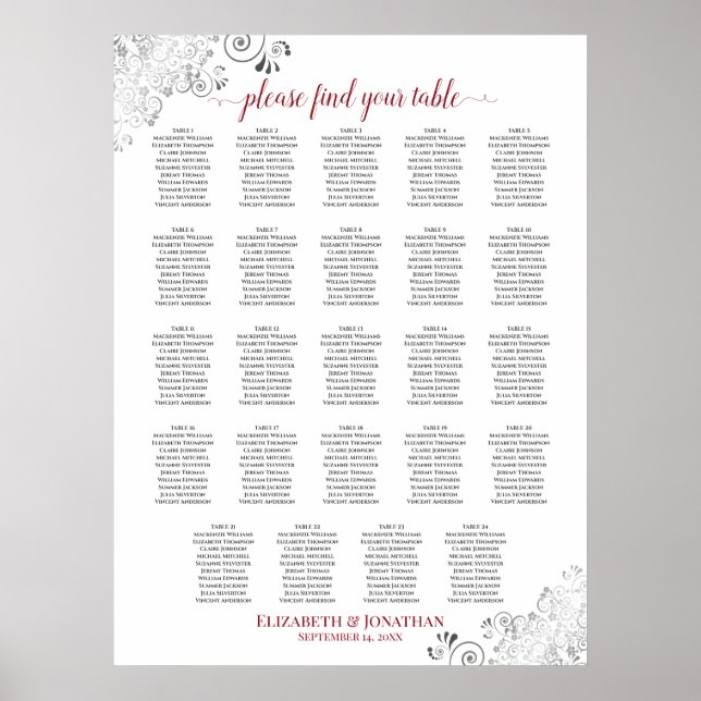 24 Table White & Red Chic Wedding Seating Chart (Front)