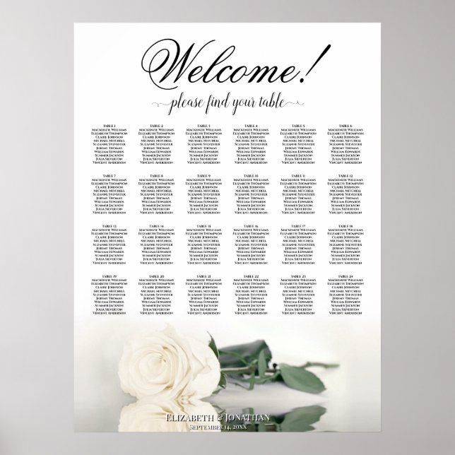 24 Table White Rose Elegant Wedding Seating Chart (Front)