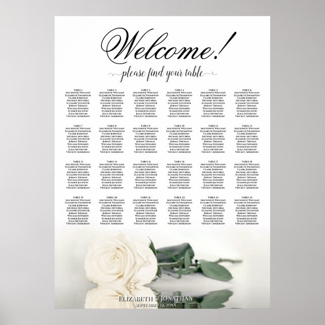 24 Table White Rose Elegant Wedding Seating Chart (Front)