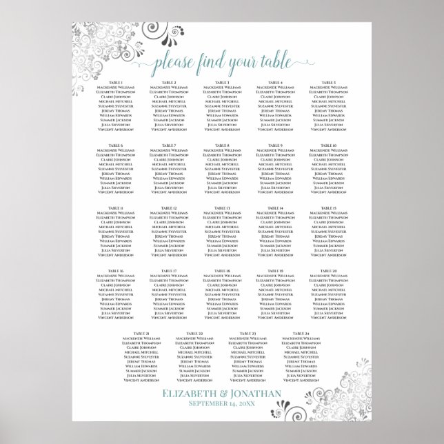 24 Table White & Teal Chic Wedding Seating Chart (Front)