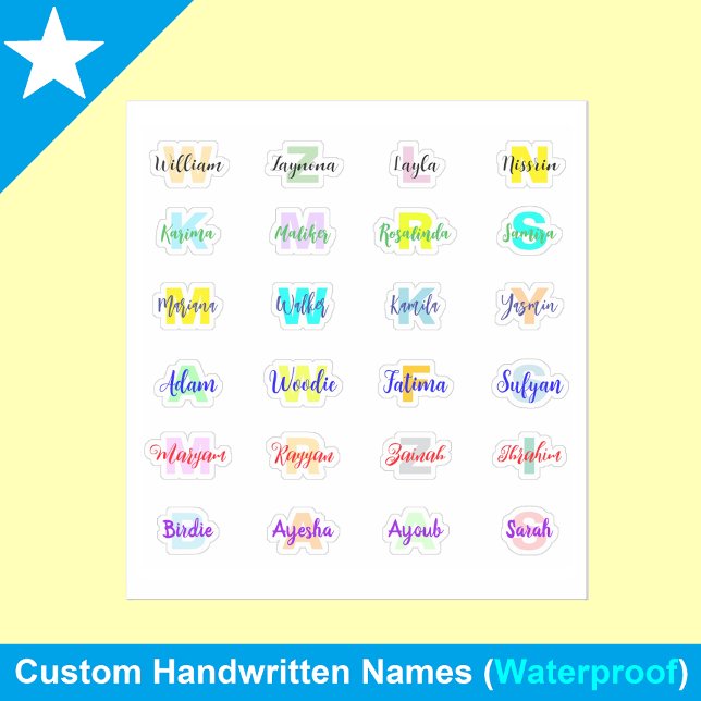 24 Transparent Monogram Names, Waterproof Stickers (Personalized Modern Colorful Waterproof Name Stickers)