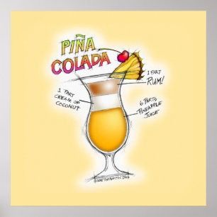 24" X 24" POSTER - PINA COLADA RECIPE COCKTAIL ART