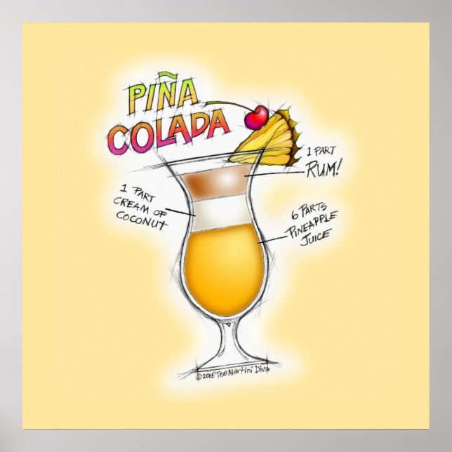 24" X 24" POSTER - PINA COLADA RECIPE COCKTAIL ART (Front)