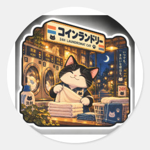 24H Laundromat Cat Sticker   Japanese Night Laundr