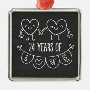 24th Anniversary Gift Chalk Hearts Metal Tree Decoration