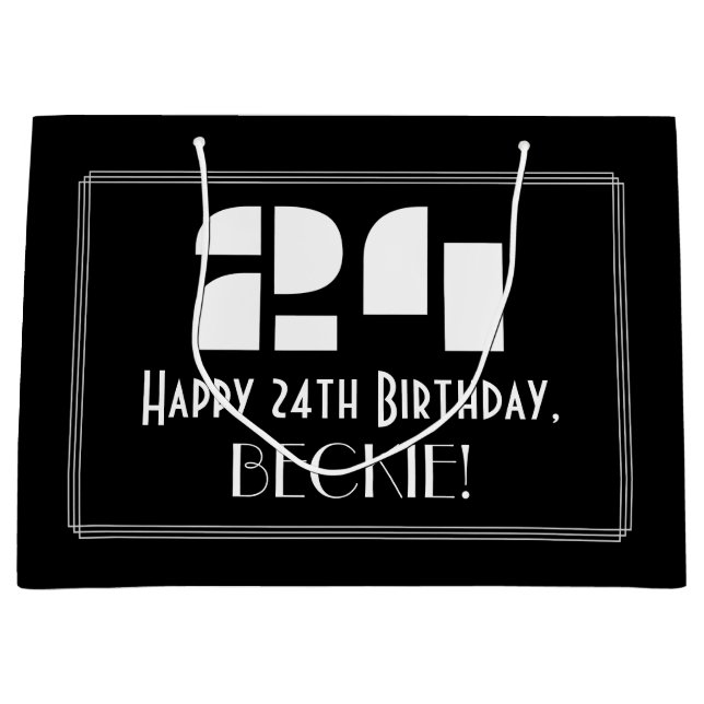 24th Birthday ~ Art Deco Inspired Look "24" + Name Large Gift Bag (Front)
