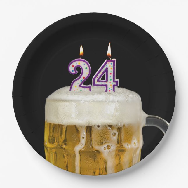 24th Birthday Beer on black Paper Plate (Front)