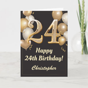 24th Birthday Black and Gold Balloons Confetti Card