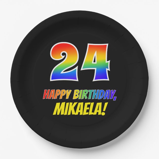 24th Birthday: Bold, Fun, Simple, Rainbow 24 Paper Plate (Front)