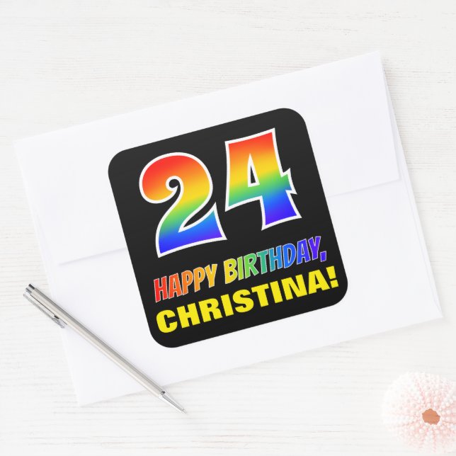 24th Birthday: Bold, Fun, Simple, Rainbow 24 Square Sticker (Envelope)
