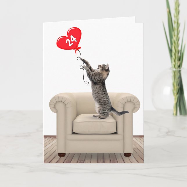 24th Birthday Cat With Heart Balloon Card (Front)