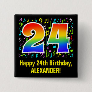 24th Birthday: Colorful Music Symbols, Rainbow 24 15 Cm Square Badge