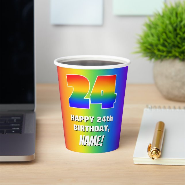 24th Birthday: Colourful, Fun Rainbow Pattern # 24 Paper Cups (Insitu)