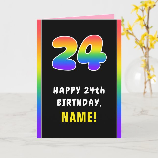 24th Birthday: Colourful Rainbow # 24, Custom Name Card (Yellow Flower)