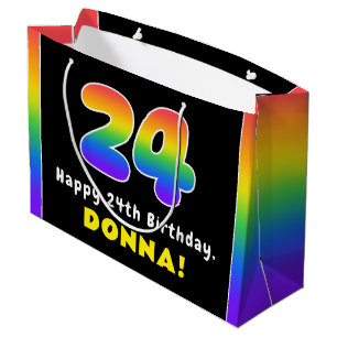 24th Birthday: Colourful Rainbow # 24, Custom Name Large Gift Bag
