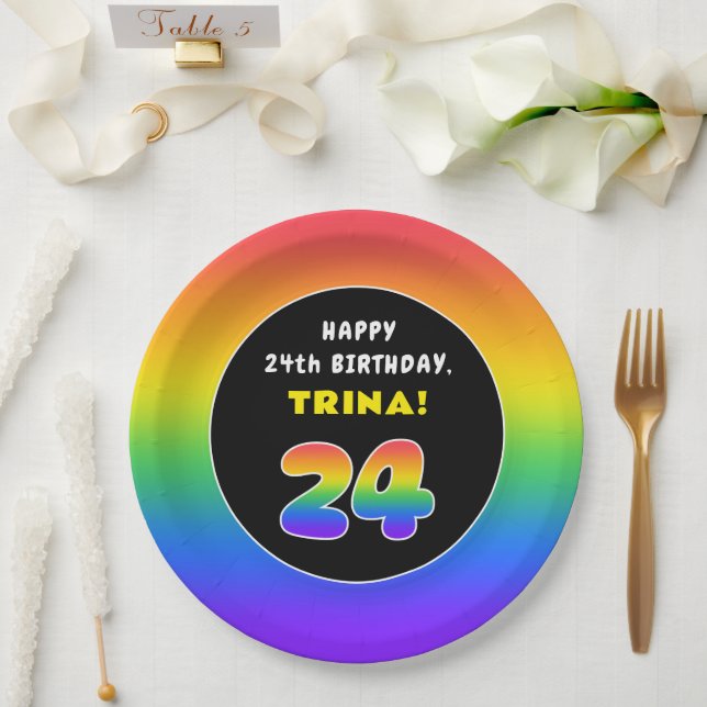 24th Birthday: Colourful Rainbow # 24, Custom Name Paper Plate (Wedding)