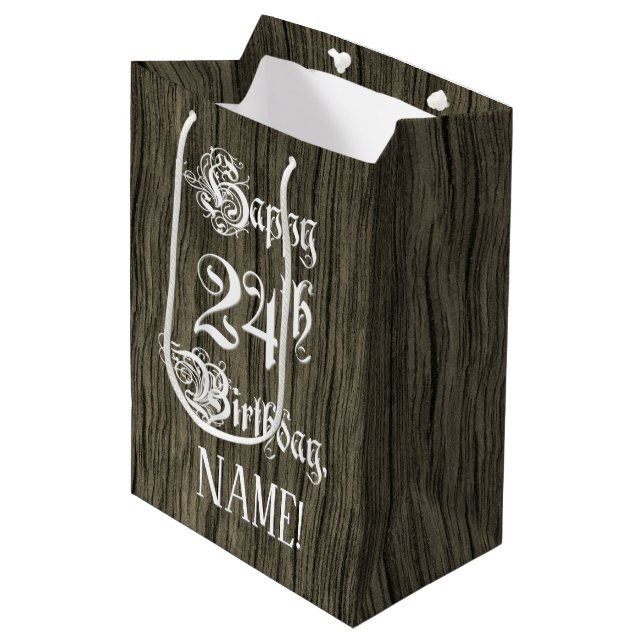 24th Birthday: Fancy, Faux Wood Look + Custom Name Medium Gift Bag (Front Angled)