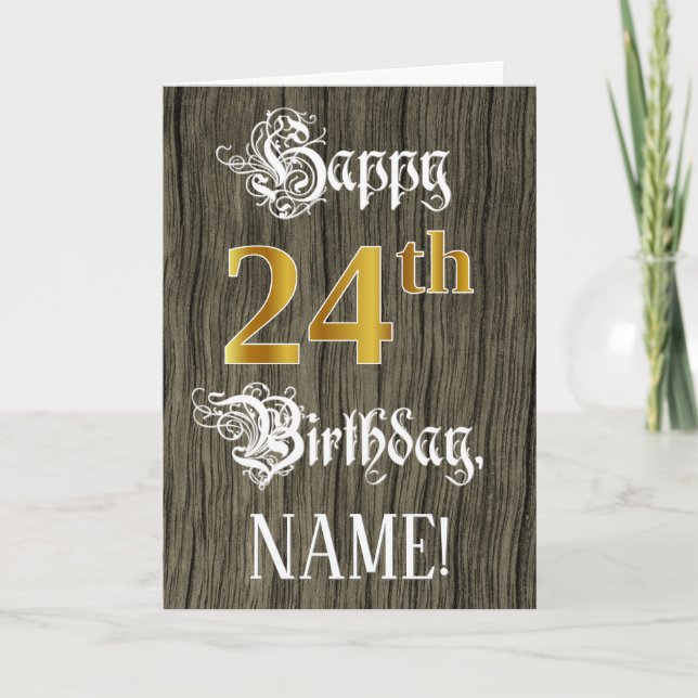 24th Birthday: Faux Gold Look + Faux Wood Pattern Card (Front)