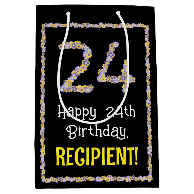 24th Birthday: Floral Flowers Number, Custom Name Medium Gift Bag (Front)