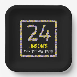24th Birthday: Floral Flowers Number, Custom Name Paper Plate