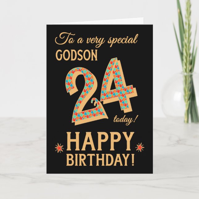 24th Birthday, for Godson, Gold Effect on Black Card (Front)