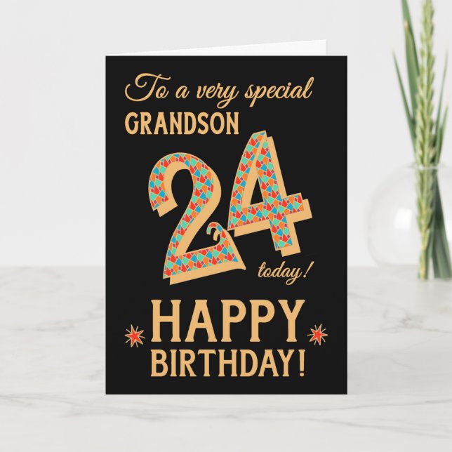24th Birthday, for Grandson, Gold Effect on Black Card (Front)
