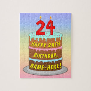 24th Birthday: Fun Cake and Candles + Custom Name Jigsaw Puzzle