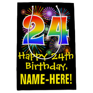 24th Birthday: Fun Fireworks Pattern + Rainbow 24 Medium Gift Bag
