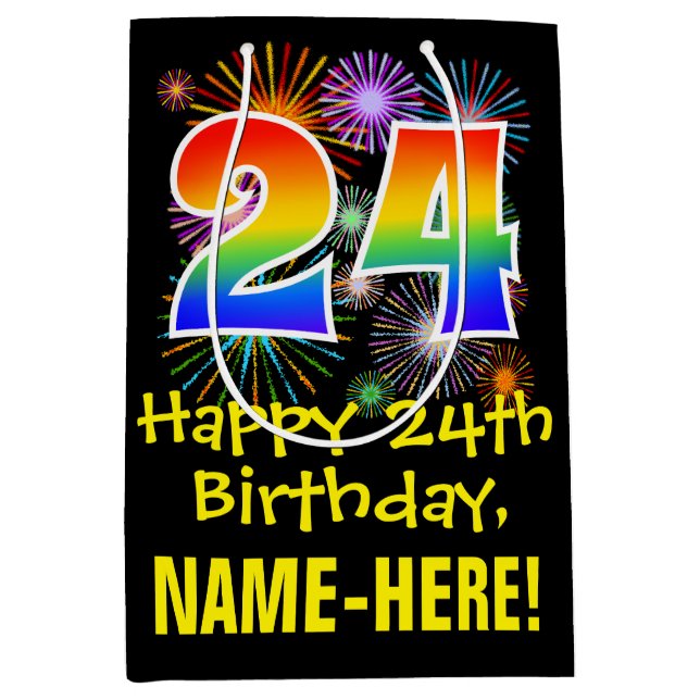 24th Birthday: Fun Fireworks Pattern + Rainbow 24 Medium Gift Bag (Front)