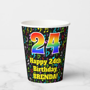 24th Birthday: Fun Music Notes Pattern, Rainbow 24 Paper Cups