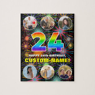24th Birthday: Fun Rainbow #, Custom Name + Photos Jigsaw Puzzle