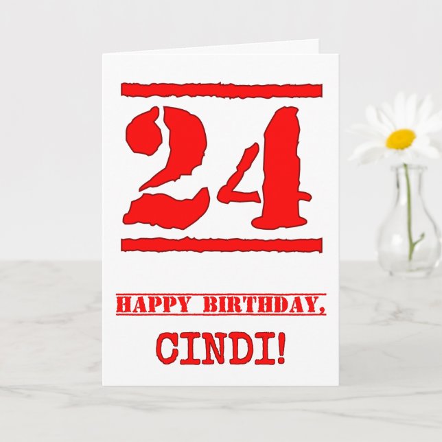 24th Birthday: Fun, Red Rubber Stamp Inspired Look Card (Small Plant)