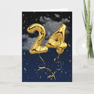 24th Birthday Gold Mylar Balloon and Confetti Card