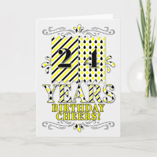 24th Birthday in Yellow and Black Stripes Teardrop Card