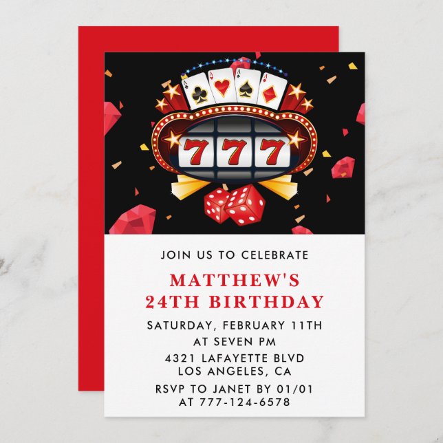 24th birthday invitations Casino theme Poker Red (Front/Back)