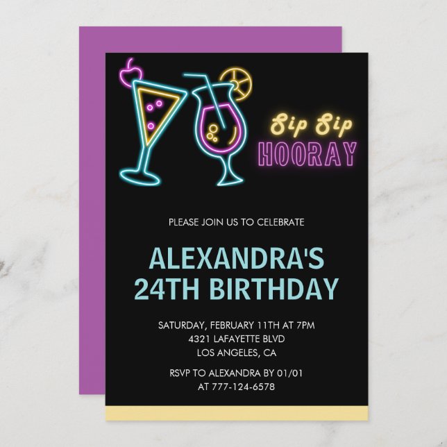 24th birthday invitations Cocktail Neon Glow (Front/Back)
