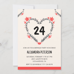 24th birthday invitations for her floral heart