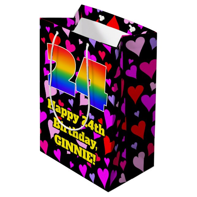 24th Birthday: Loving Hearts Pattern, Rainbow # 24 Medium Gift Bag (Back Angled)