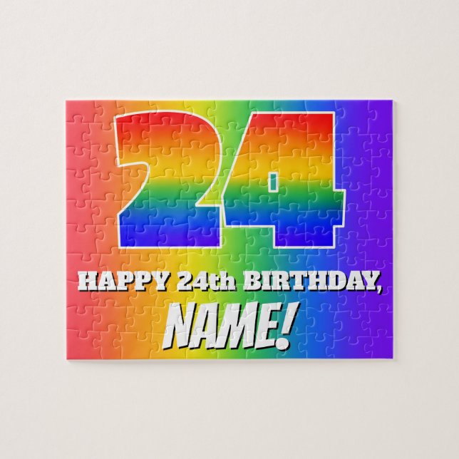 24th Birthday — Multicolored Rainbow Pattern “24” Jigsaw Puzzle (Horizontal)