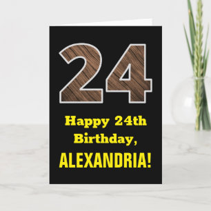 24th Birthday: Name, Faux Wood Grain Pattern "24" Card