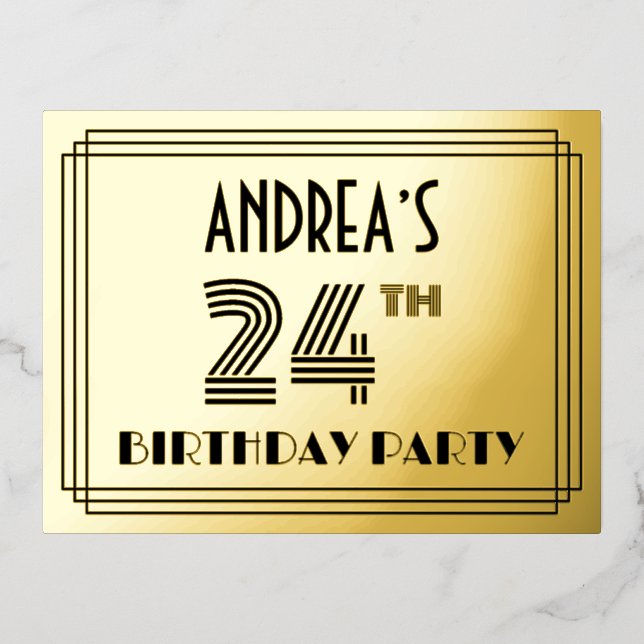 24th Birthday Party ~ Art Deco Style “24” + Name Foil Invitation Postcard (Front)