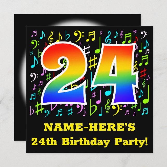 24th Birthday Party: Fun Music Symbols, Rainbow 24 Invitation (Front/Back)