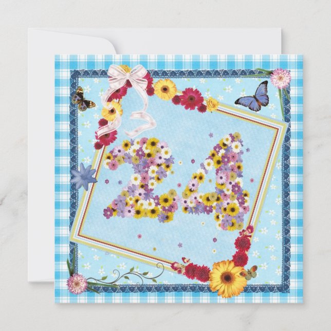 24th Birthday party Invitation flowers,butterflies (Front)