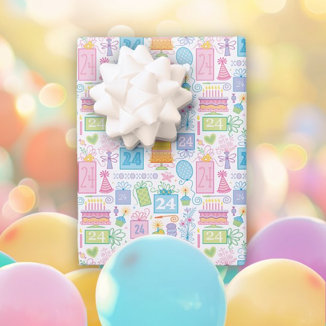 24th Birthday Pastel Pink Cake Presents Balloons  Wrapping Paper Sheet (Creator Uploaded)